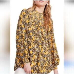 Free People Flowers In Her Hair Yellow Combo Bohemian Smocked Floral Tunic M